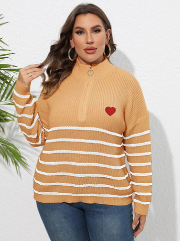 Plus Size Zip Up Striped Sweater
