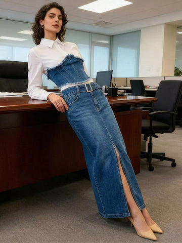 Frayed Denim Patchwork Top & Slit Maxi Skirt Denim Set