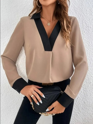 Contrast Trim V Neck Long Sleeve Blouse