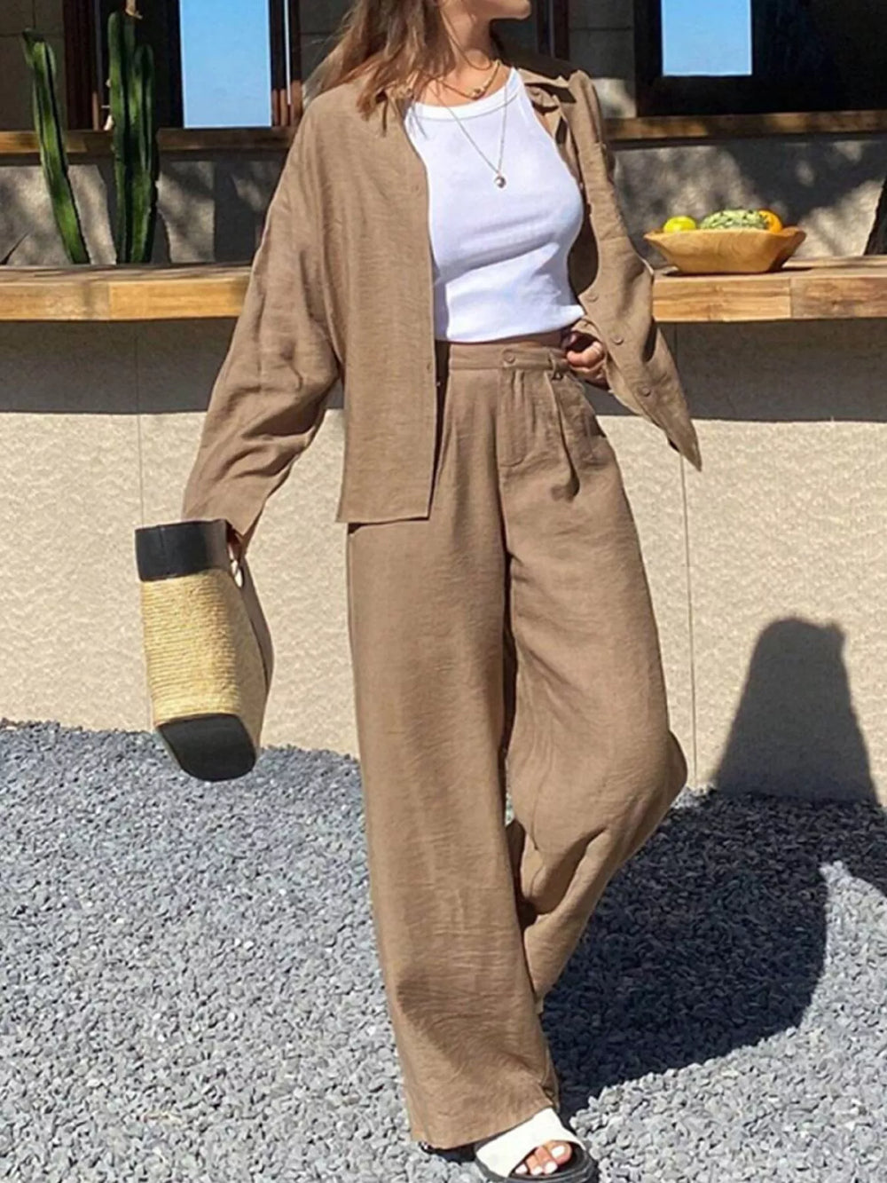 Full Size Relaxed Fit Button Up Shirt and Pants Two Piece Set Plus Size