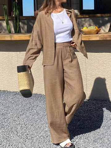 Full Size Relaxed Fit Button Up Shirt and Pants Two Piece Set Plus Size
