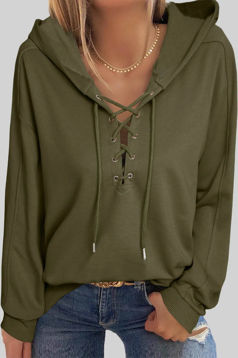 Lace Up Dropped Shoulder Hoodie