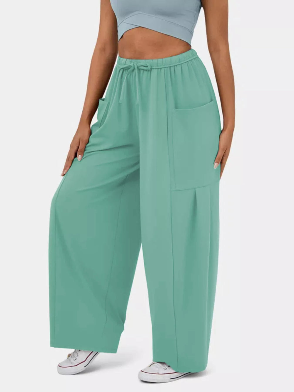 High Waisted Drawstring Wide Leg Pants