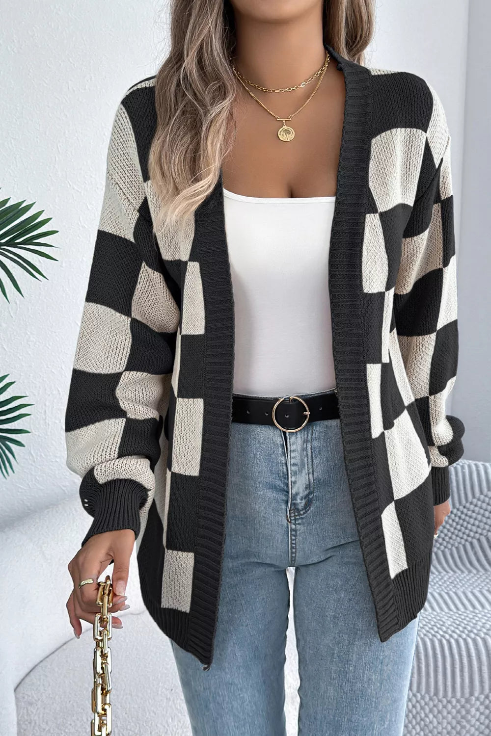 Checkerboard Pattern Open Front Knit Cardigan