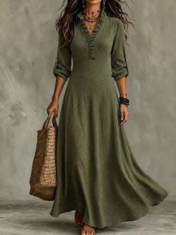 Full Size V-Neck Maxi Dress with Roll-Up Sleeves Plus Size