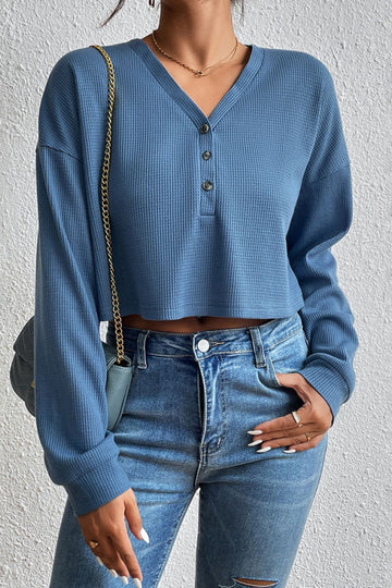 Ivy Lane Cropped V Neck Raglan Sleeve Buttoned Blouse
