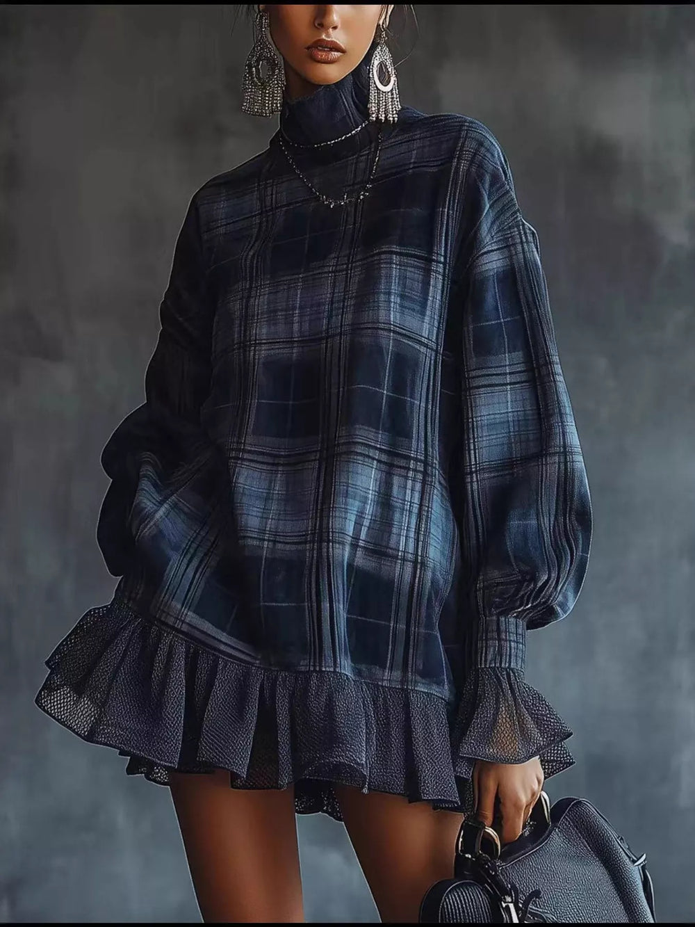 Full Size Plaid High-Neck Ruffled Hem Mini Dress Plus Size