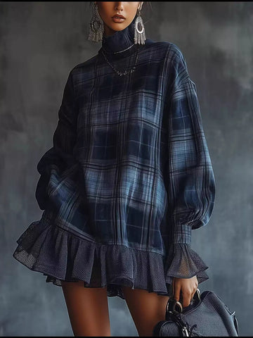 Full Size Plaid High-Neck Ruffled Hem Mini Dress Plus Size