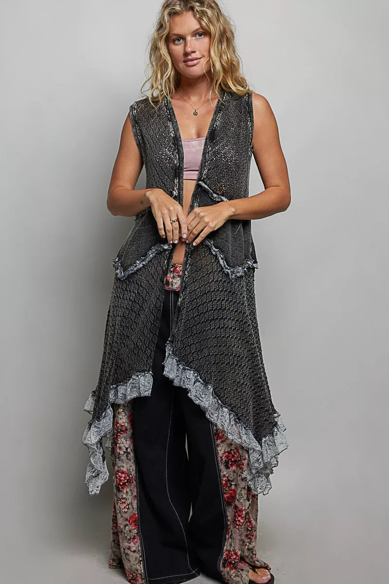 POL Vintage-Wash Crochet Vest Cardigan
