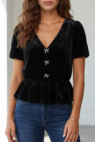 V Neck Bow Peplum Short Sleeve Blouse