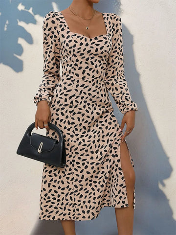 Perfee Tied Slit Printed Long Sleeve Midi Dress