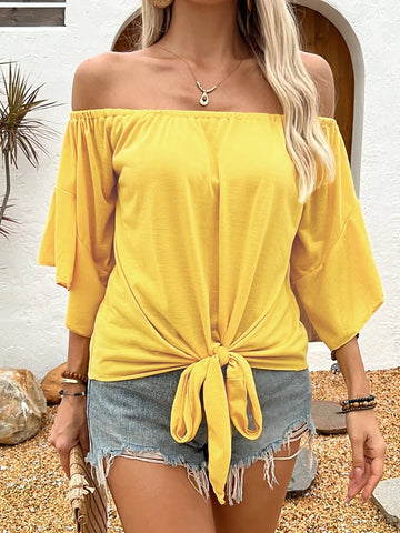 Tied Solid Off Shoulder Blouse