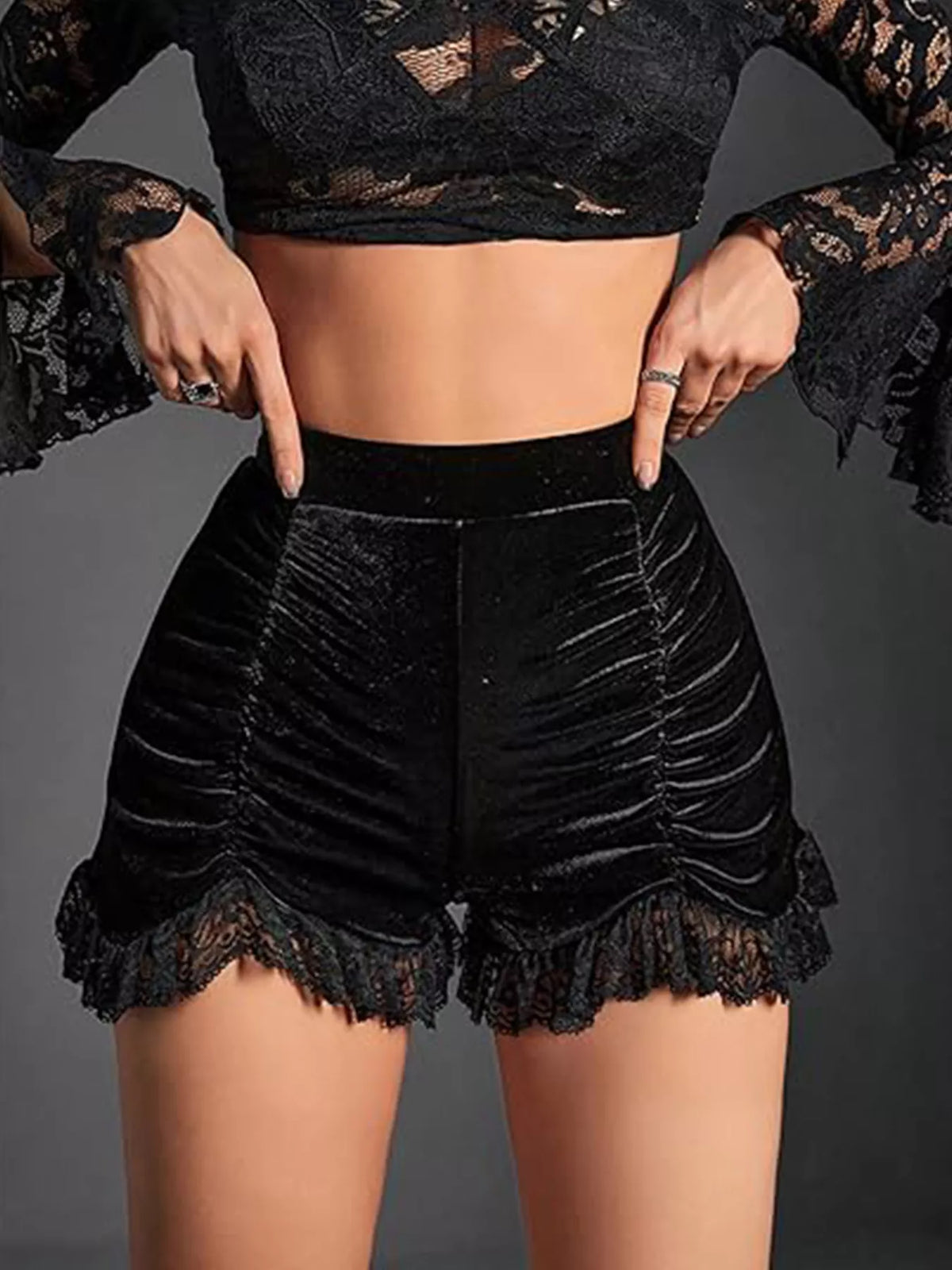 Velvet Ruched Lace Trim Shorts