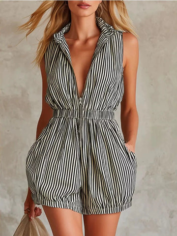 Sleeveless Striped Romper with Front Zipper