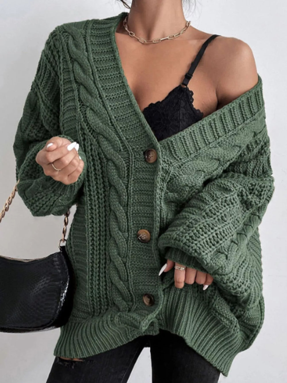 Cable Knit V-Neck Button-Down Cardigan
