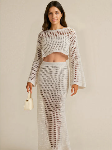 Hollow Out Long Sleeve Top and Skirt Knit Set
