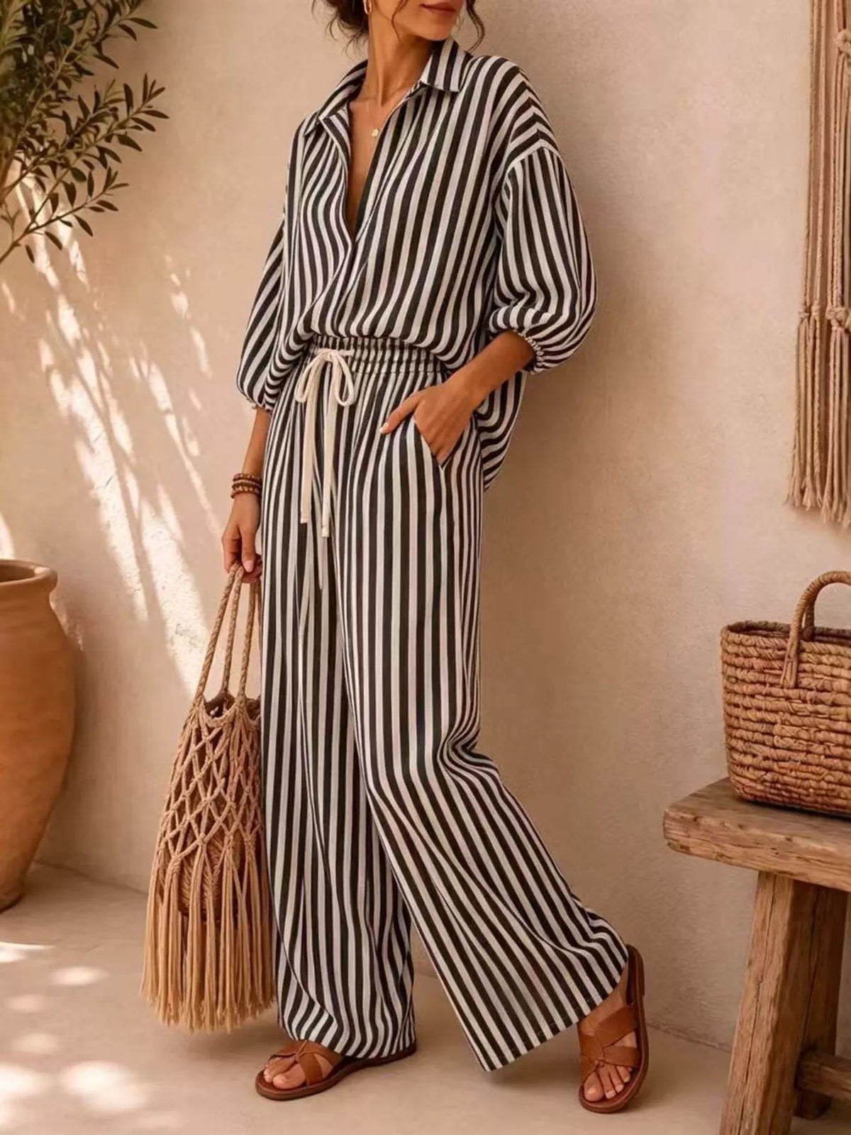 Striped Collared Shirt and Wide-Leg Drawstring Pants Set