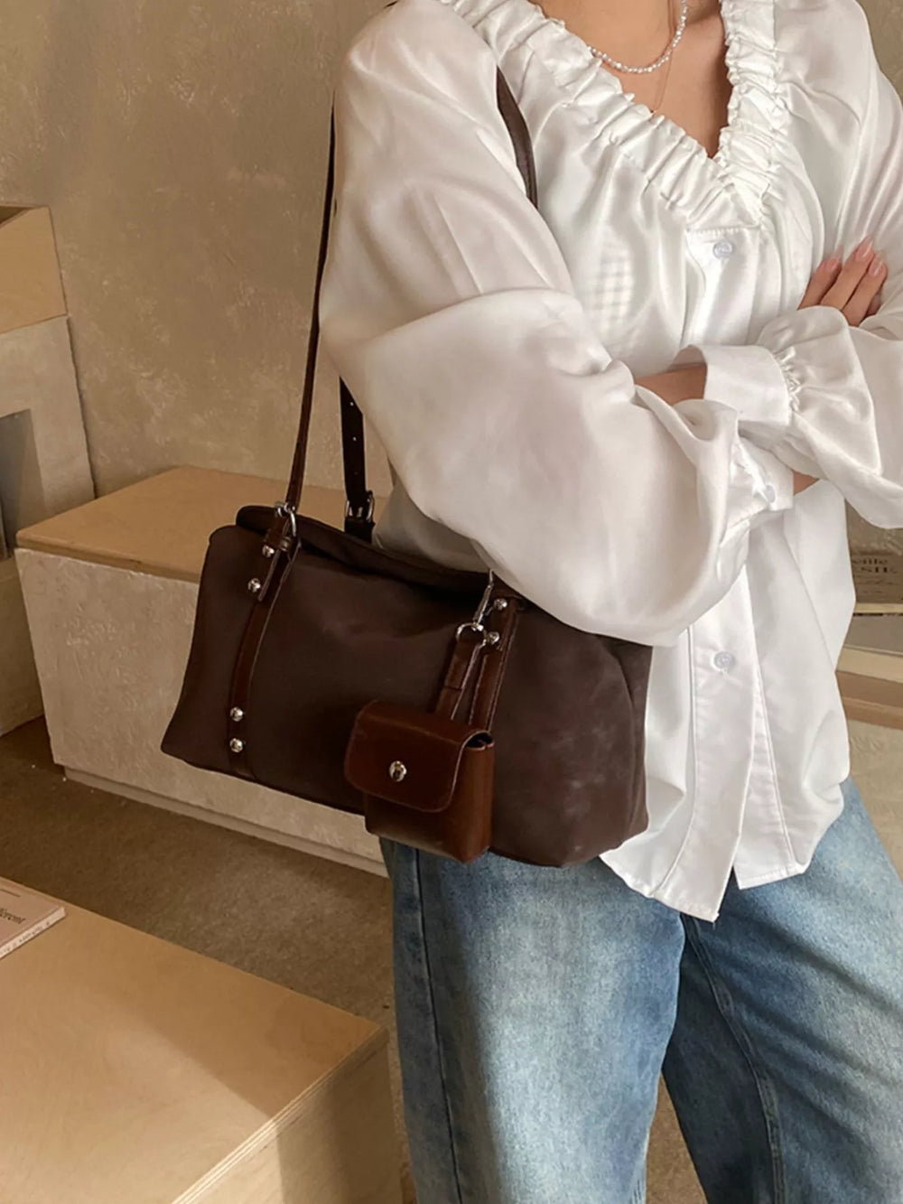 Leather Shoulder Bag with Detachable Pouch
