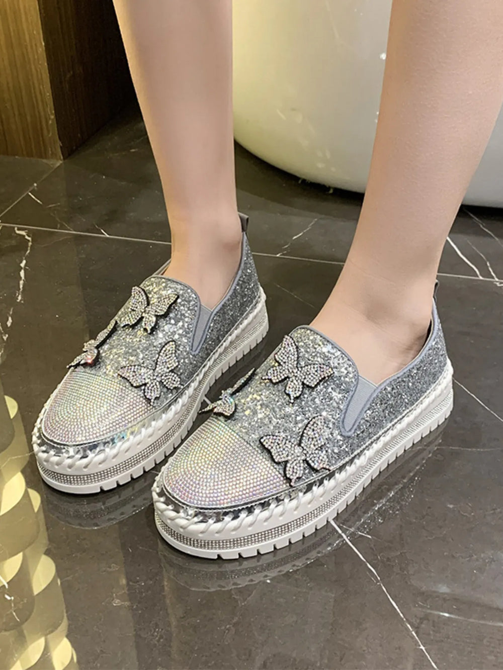 Rhinestone Embellished Platform Slip Ons