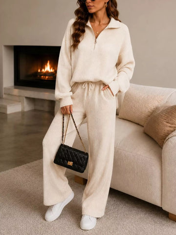 Ribbed Knit Quarter-Zip Top and Wide-Leg Pants Set