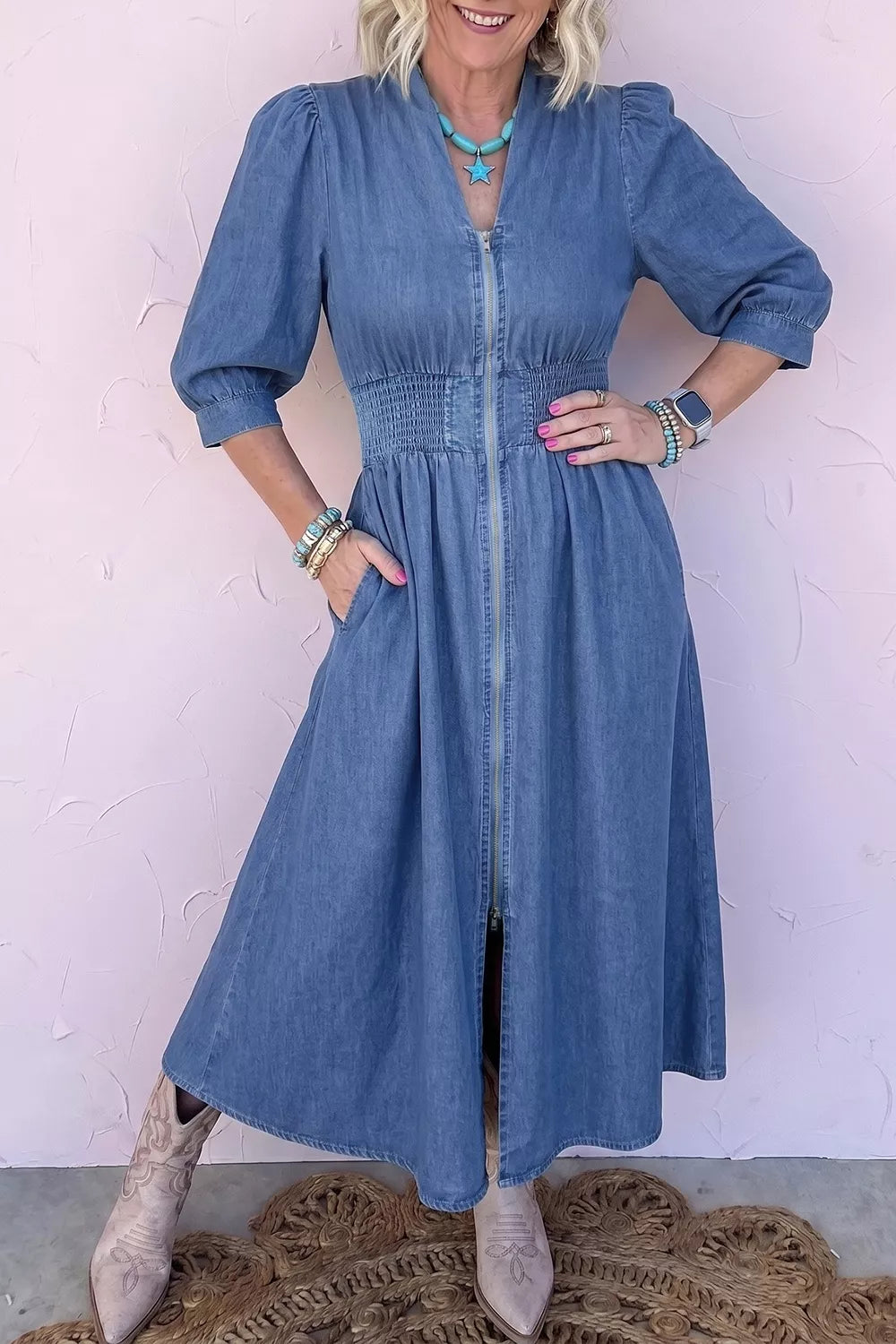 V-Neck Shirred-Waist Denim Midi Dress