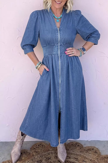 V Neck Shirred Waist Denim Midi Dress