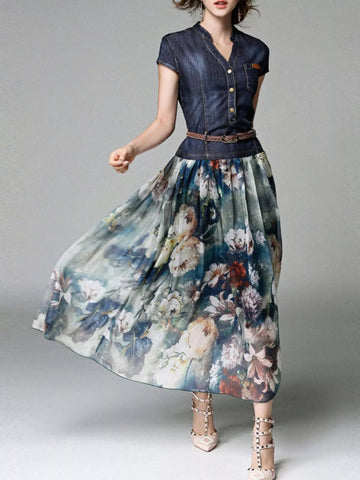 Full Size Patchwork Floral Print Chiffon Dress Plus Size