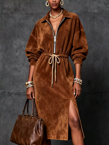 Slit Zip-Front Drawstring Midi Dress