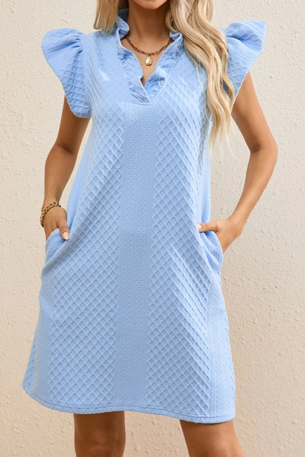 Ruffled V Neck Cap Sleeve Mini Dress