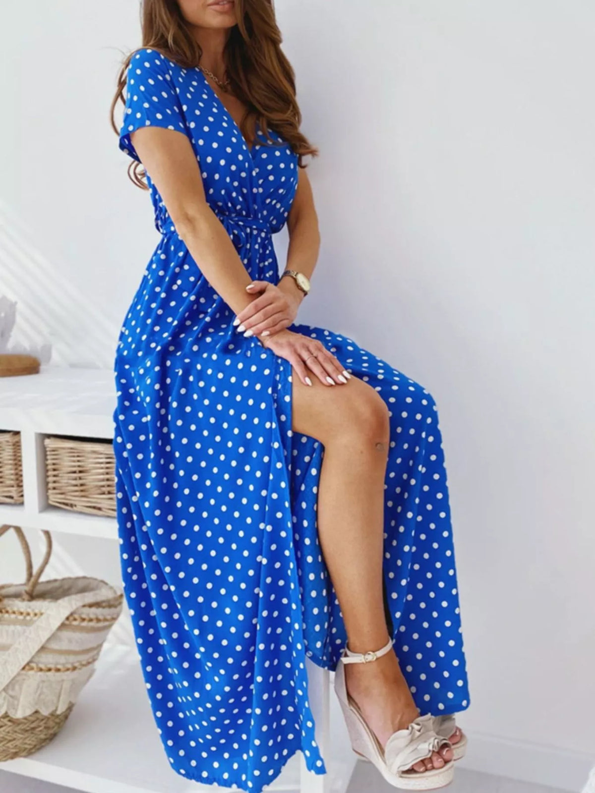 Polka Dot Surplice Maxi Dress with Slit