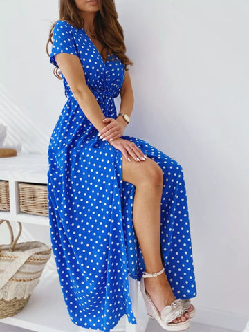 Polka Dot Surplice Maxi Dress with Slit