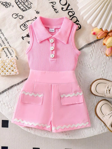 Children's Ribbed Knit Polo Top and Scalloped Pocket Shorts Set