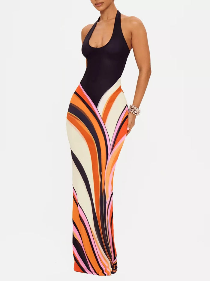 Abstract Print Halter Maxi Dress