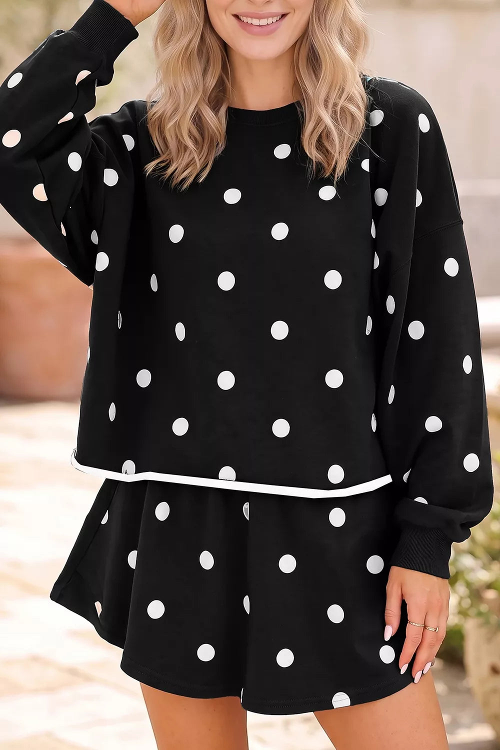 Polka Dot Raw Hem Relaxed Pullover Loose Skort Two Piece Set