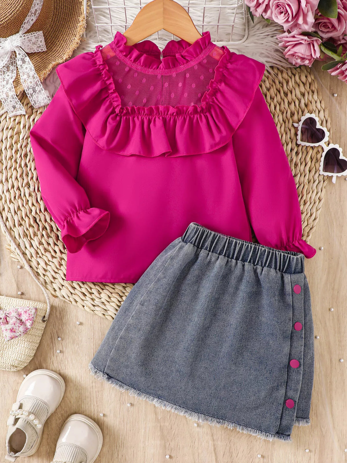 Children's Ruffled Mesh Top and Denim Skirt Set