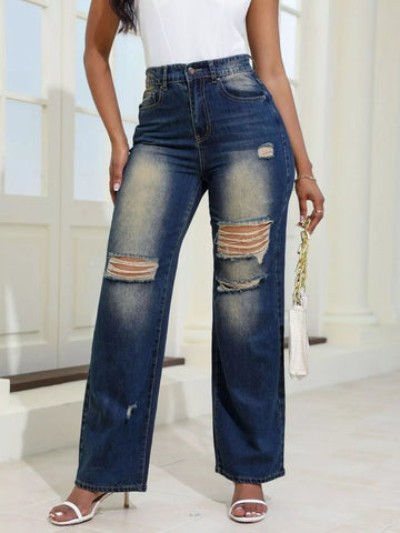 High-Waisted Distressed Wide-Leg Jeans