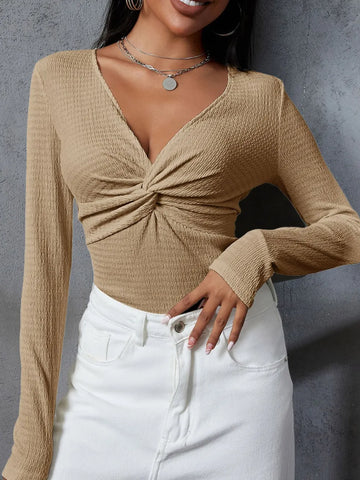 Twisted V Neck Long Sleeve Blouse