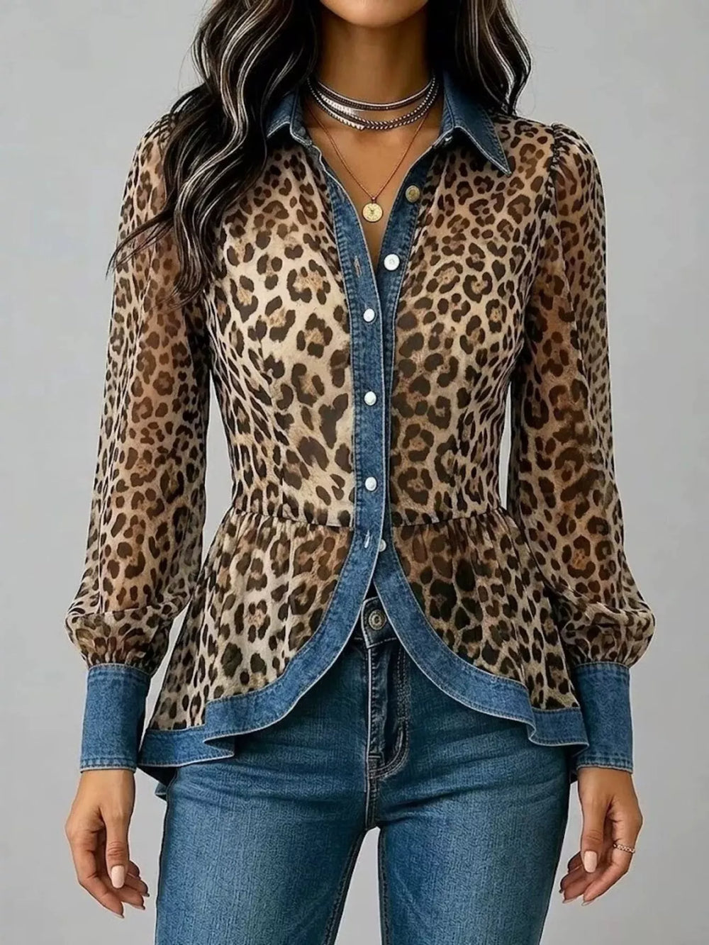 Denim Contrast Trim Leopard Shirt