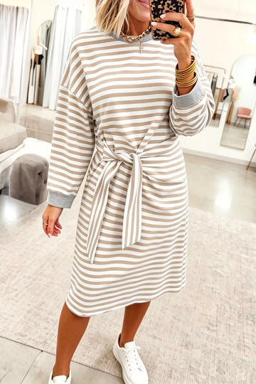 Stripe Striped Colorblock Cuffs Round Neck Long Sleeve Shift Dress