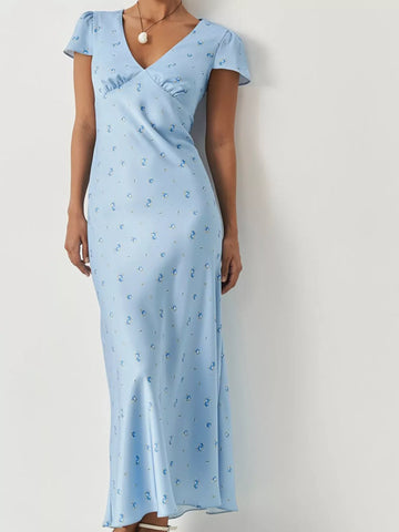 V Neck Cap Sleeve Maxi Dress