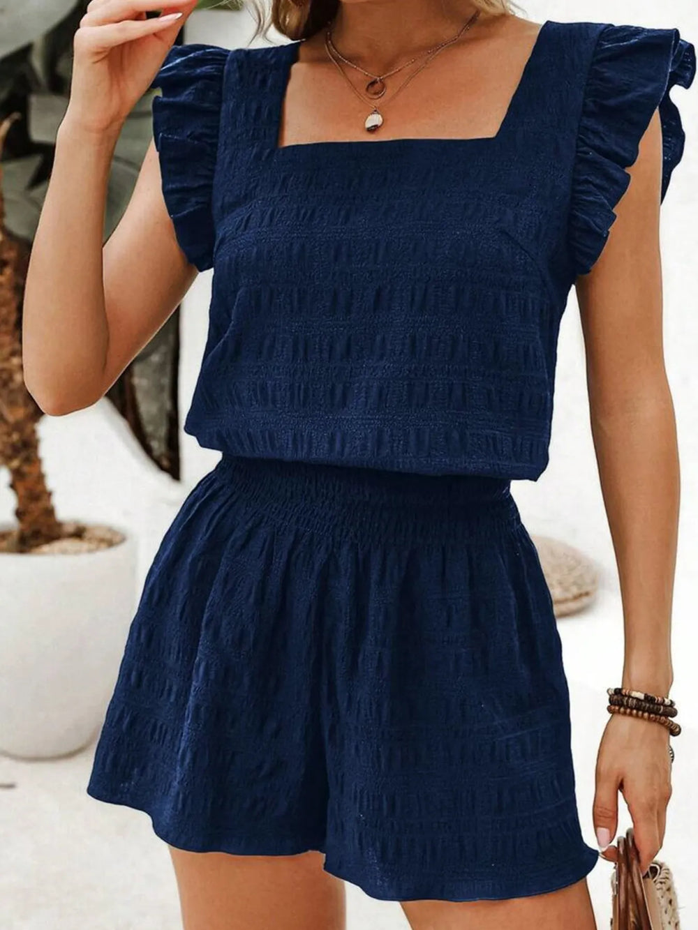 Textured Square Neck Top and Shirred High Waist Shorts Set