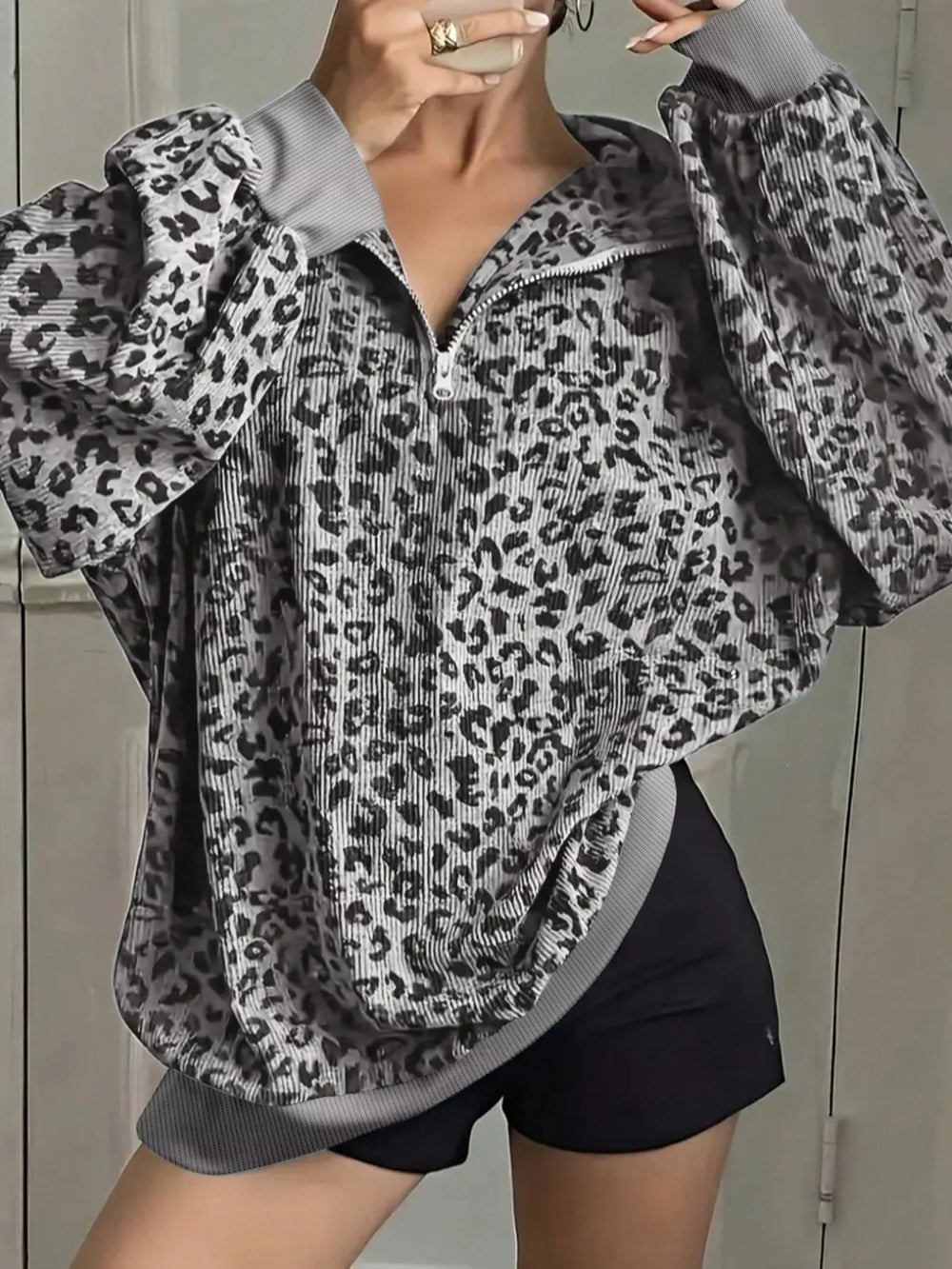 Leopard Print Quarter-Zip Sweatshirt