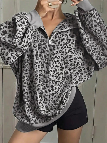 Leopard Print Quarter-Zip Sweatshirt