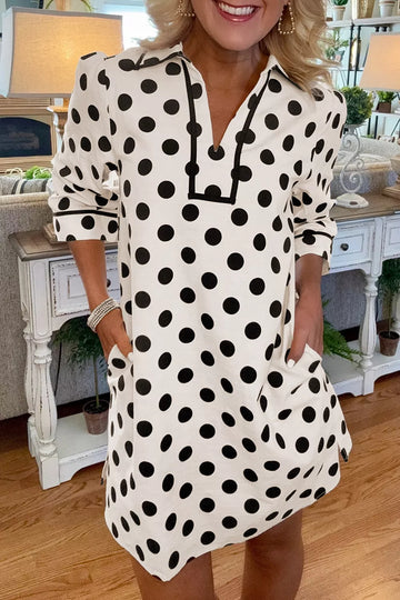 Polka Dot Collared V Neck Mini Dress
