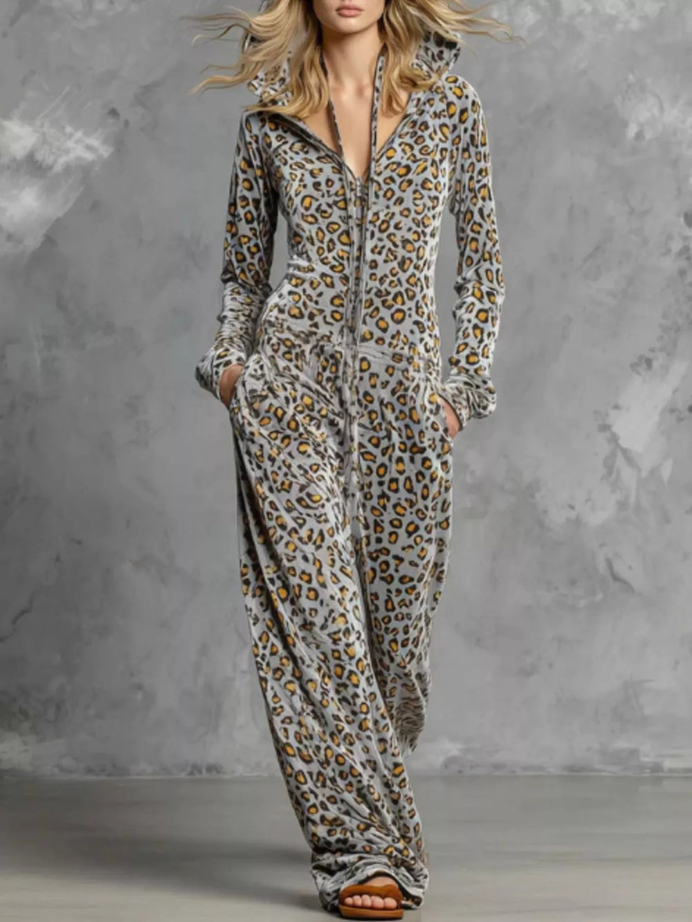Leopard Zip-Front Hooded Jumpsuit