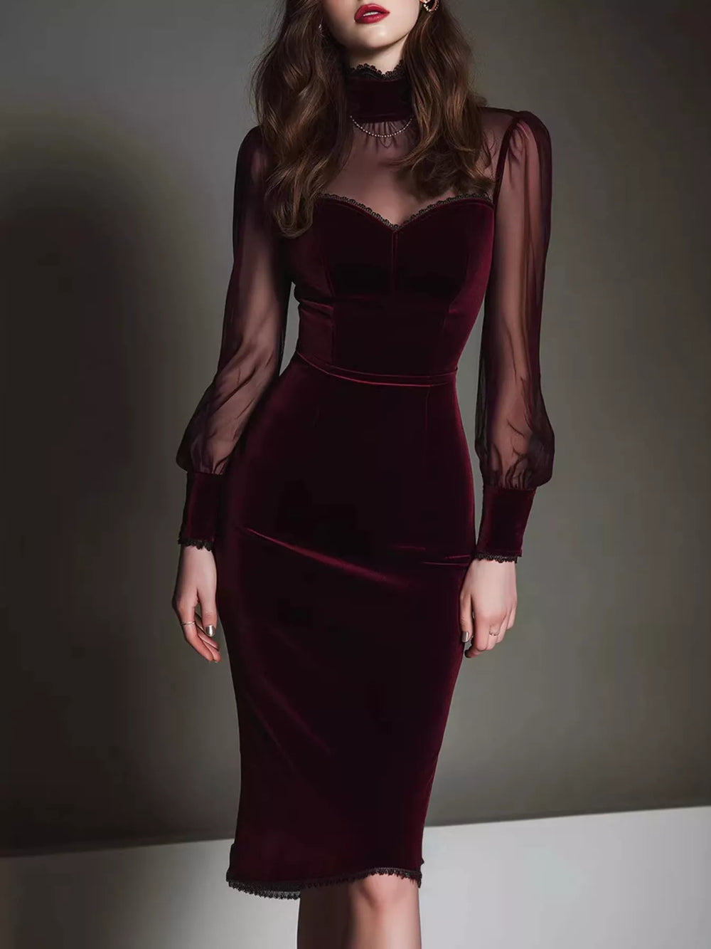 Velvet Bodycon Dress with Sheer Mesh Sleeves