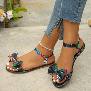Floral Bowknot Ankle Strap Flat Sandals
