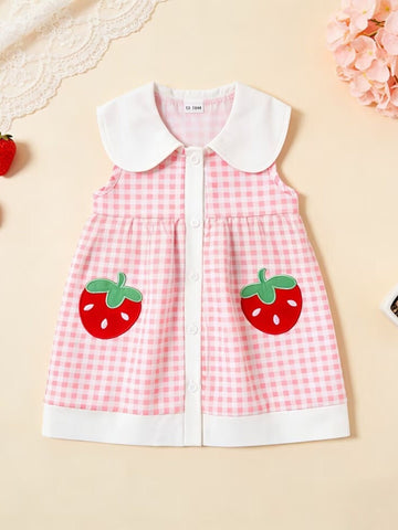 Children's Fruit Embroidered Sleeveless Plaid Dress
