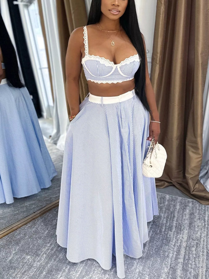 Striped Lace Trim Cami and Skirt Two Piece Set