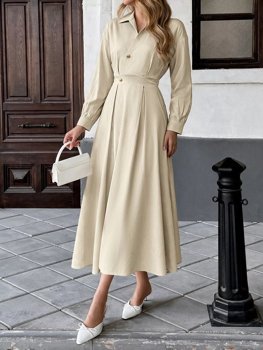 Pleated Button Detail Long Sleeve Shirt Dress